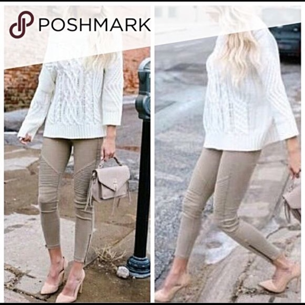 KHAKI MOTO LEGGINGS WITH GOLD HARDWAIR